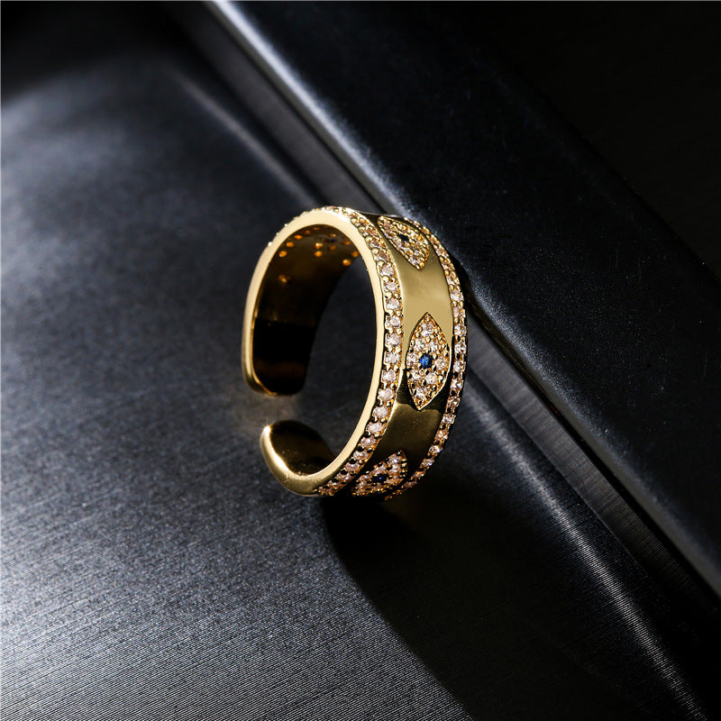 Minimalist 18K Gold Plated Brass Geometric Micro-Inlay Cubic Zirconia Evil Eye Ring for Women