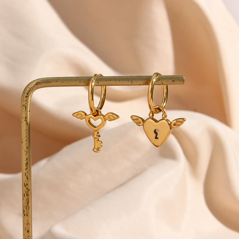 Fashionable Asymmetrical Heart Key Wing Earrings in Stainless Steel with 18K Gold Plating for Women