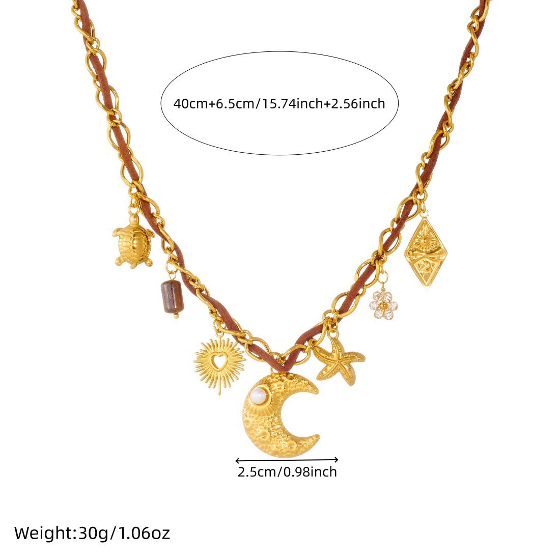 Vintage Elegant Gold Plated Stainless Steel Heart Star Moon Square Geometric Relief Cable Chain Necklace