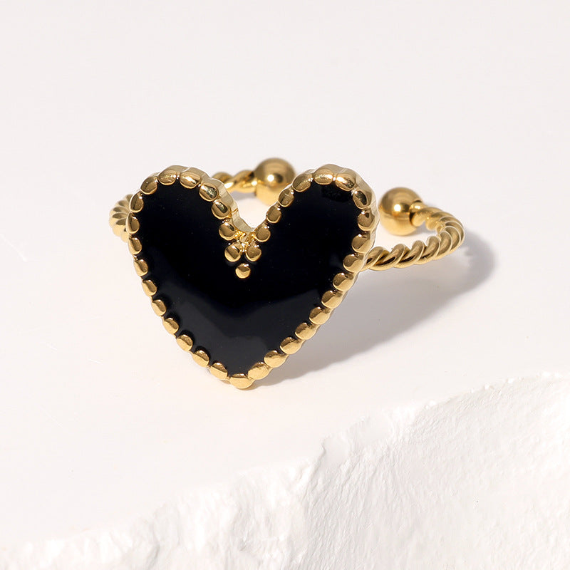 Luxury Style Heart-Shaped Enamel Stainless Steel Ring for Women with Plated Finish