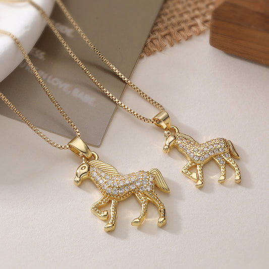Vintage Minimalist 18K Gold Plated Brass Cubic Zirconia Horse Pendant Necklace for Women