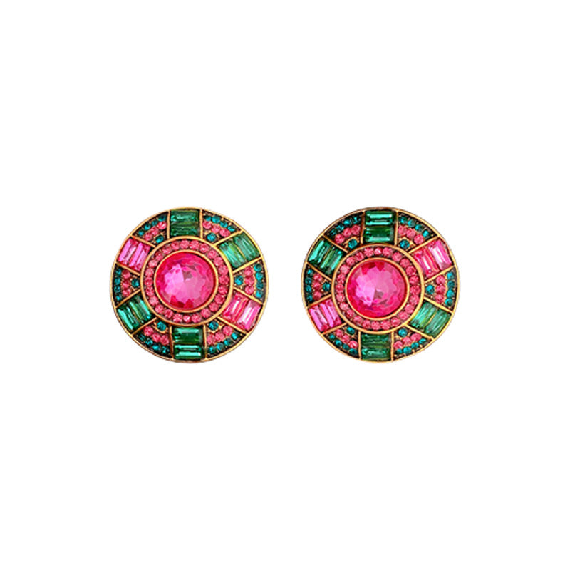 Vintage Geometric Rhinestone-Studded Round Earrings in Alloy with Silver-Plated Steel Posts for Women