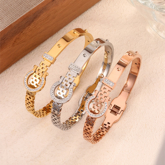 Geometric Plated Stainless Steel Buckle Bracelet with Rhinestone for Women