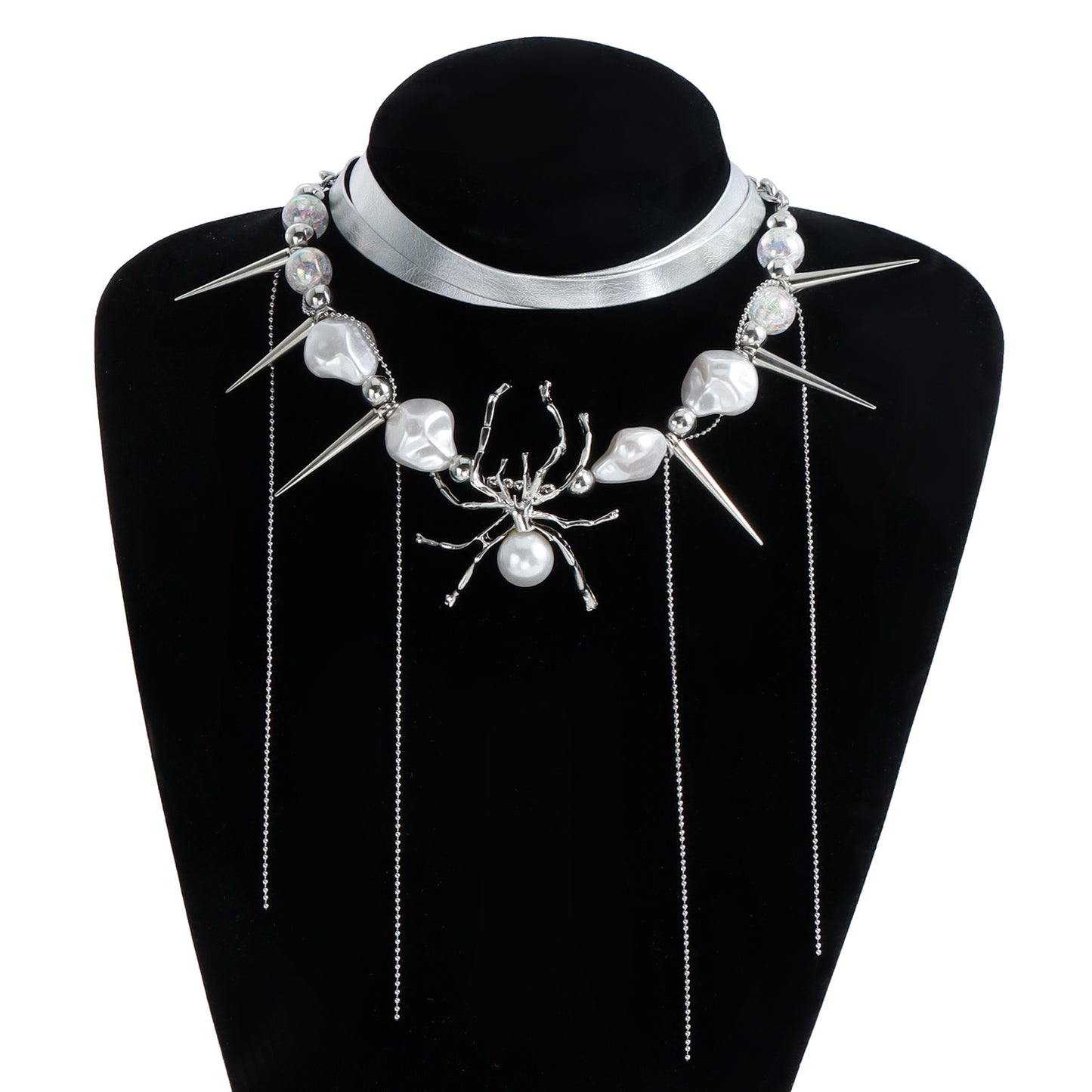 Y2K Edgy Minimalist Spider Pendant Leather Choker Necklace for Women with Alloy Body and Rhodium Plating