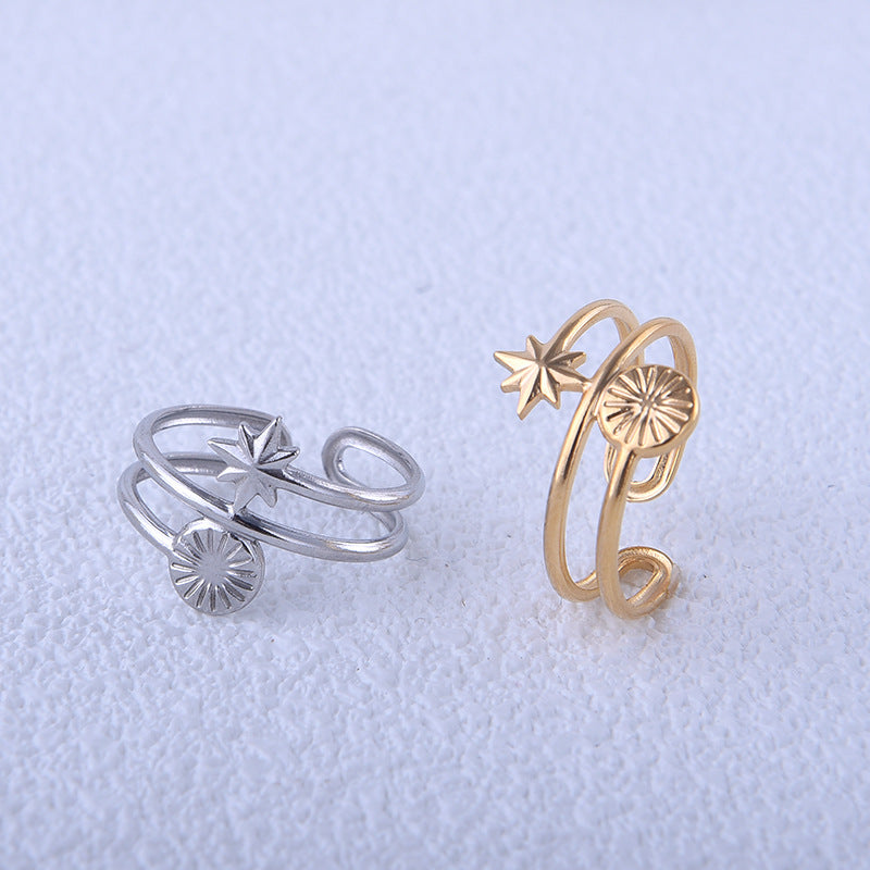 Minimalist Sun Star Titanium Steel Plated Open Ring for Women