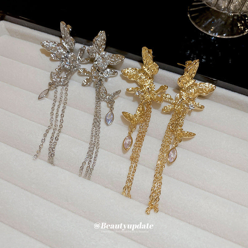Orecchini a perno pendenti da donna con farfalla e fiore intarsiati di strass, stile chic, con perni in argento 925