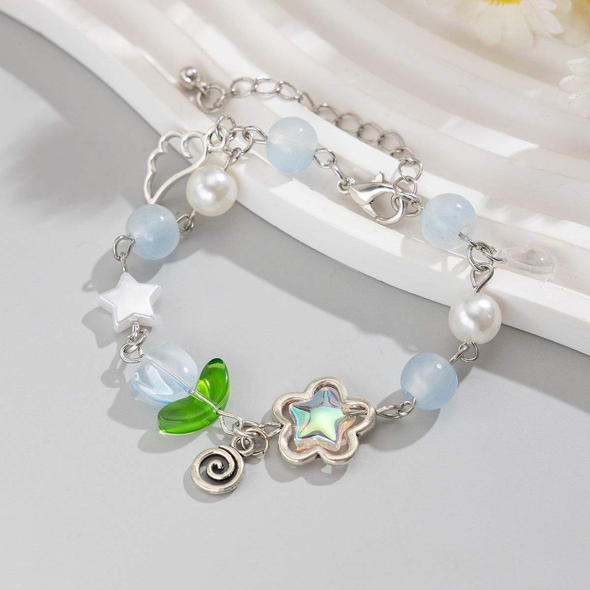 Sweet Floral Alloy Plated Bracelet with Acrylic Strawberry Pearl Tassel