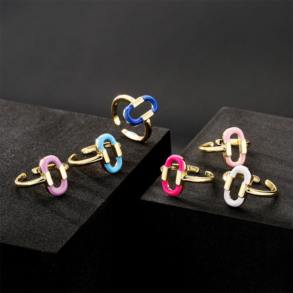 Geometric Drip Oil Micro-inlay Brass Ring for Women