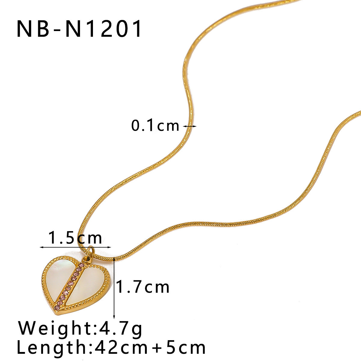 Collana con ciondolo a cuore geometrico vintage in acciaio inossidabile con intarsio di zirconi e madreperla bianca naturale, finitura placcata oro 18 carati