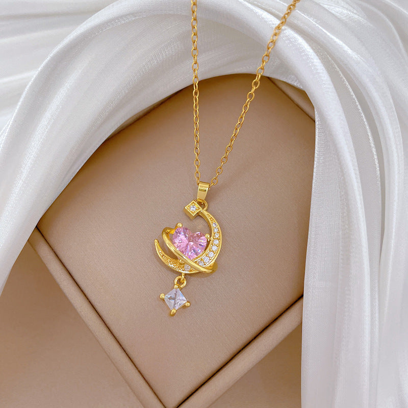 Sweet Elegant Heart Moon Rhinestone Tassel Titanium Steel Necklace for Unisex