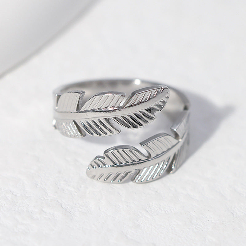 Minimalist Feather-Shaped Stainless Steel Adjustable Open Ring for Women with Gold Plating