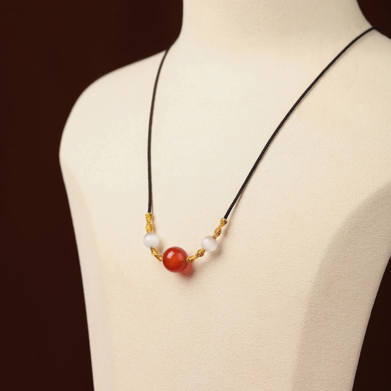 Collana da donna originale con design geometrico e agata, con perle di agata rossa, catena regolabile in corda, stile cinese, collana a clavicola