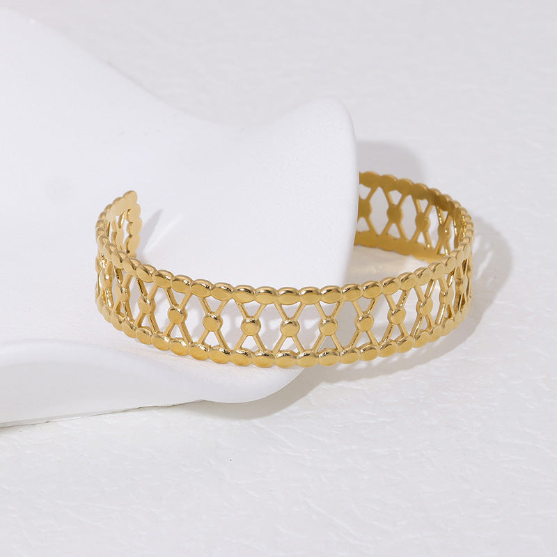 Minimalist French Vintage Titanium Steel Bracelet with 18K Gold Plating and Hollow-Out Design Stainless Steel Bangle