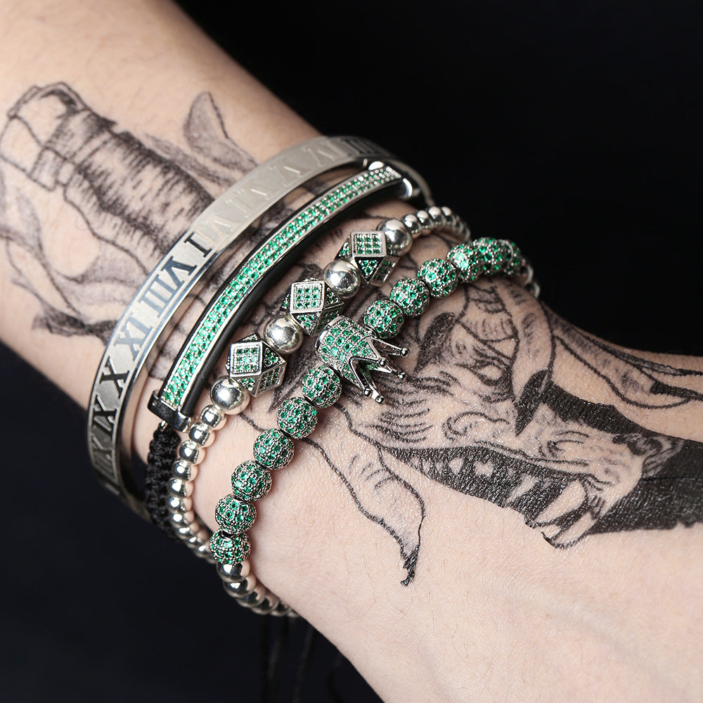 Fashion Unisex Micro-pave Cubic Zirconia Crown Ball Geometric Titanium Steel Bracelet Set