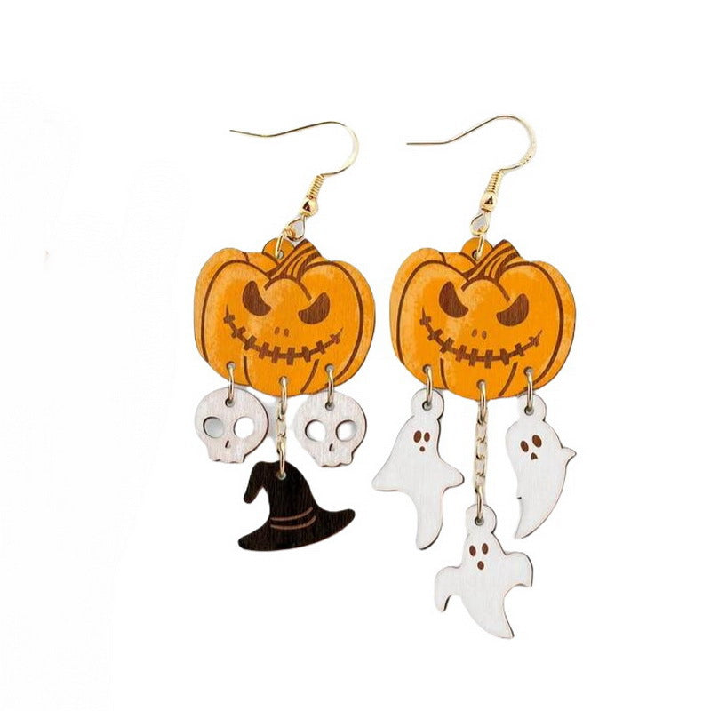 Orecchini pendenti da donna con zucca in legno di Halloween, fantasma, cappello da strega, teschio e lapide