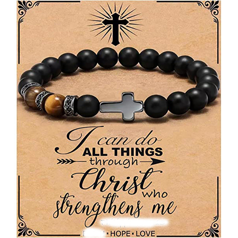 Minimalist Matte Black Beaded Bracelet with Small Cross Pendant Unisex Gift
