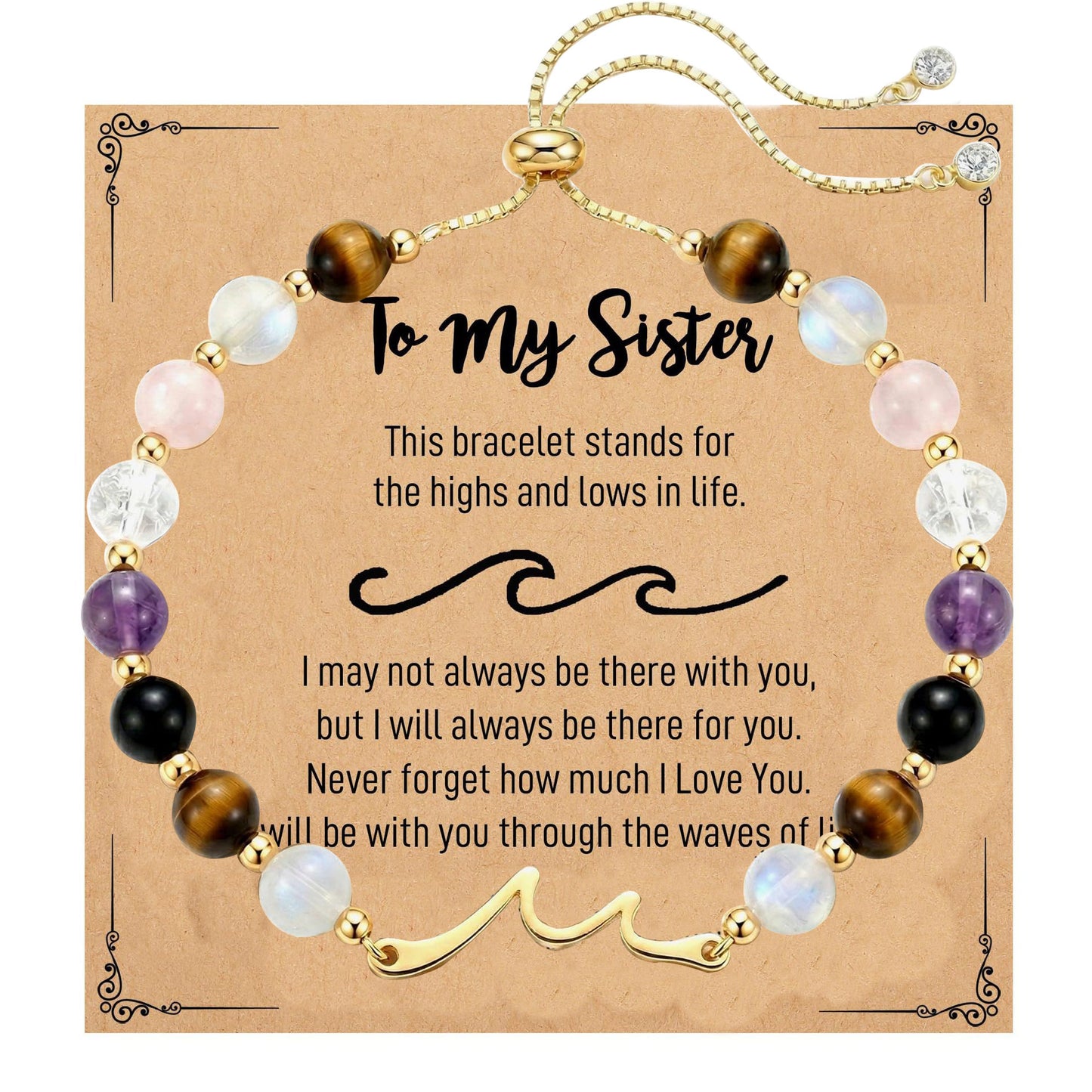 Minimalist Natural Stone Obsidian Tiger Eye Rose Quartz Beaded Bracelet with Wave Charm Bar Adjustable Unisex Jewelry