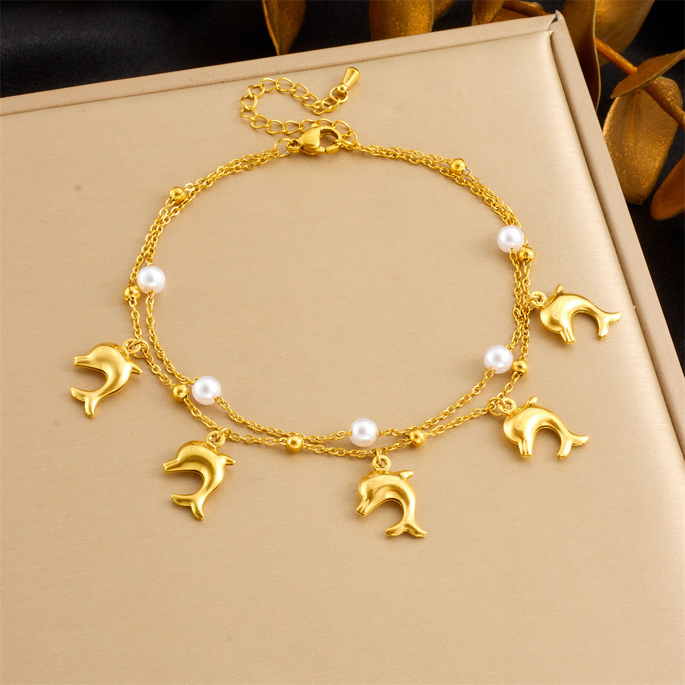 Beach Vacation Ocean Style Stainless Steel Shell Starfish Tropical Fish Pendant Anklet for Women