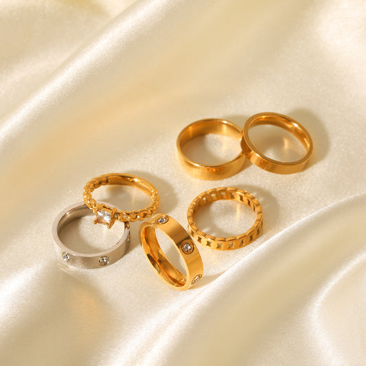 Minimalist 18K Gold Plated Stainless Steel Ring with Rhinestone Inlay for Women