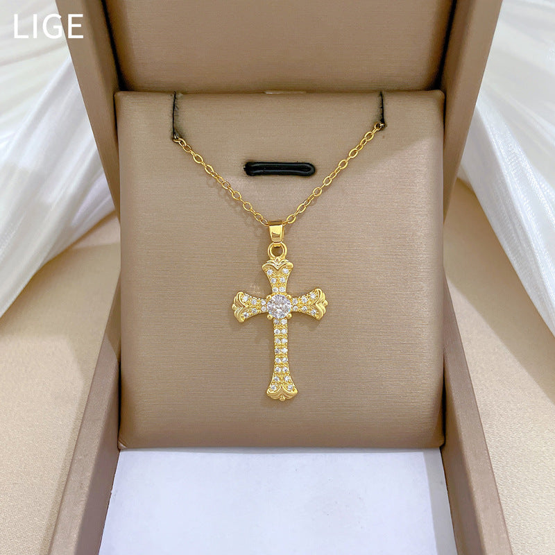 Collana di lusso con strass a croce geometrica, catena con ciondolo in acciaio al titanio, unisex