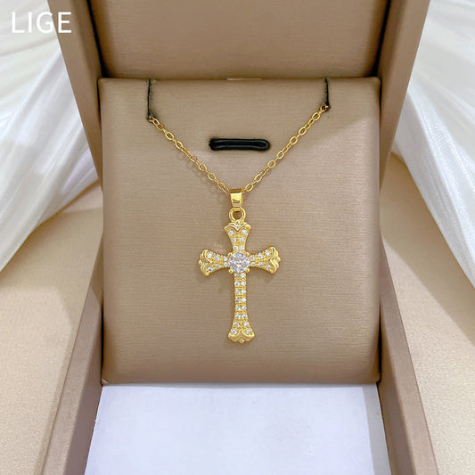 Luxury Rhinestone Cross Geometric Necklace Titanium Steel Pendant Chain for Unisex