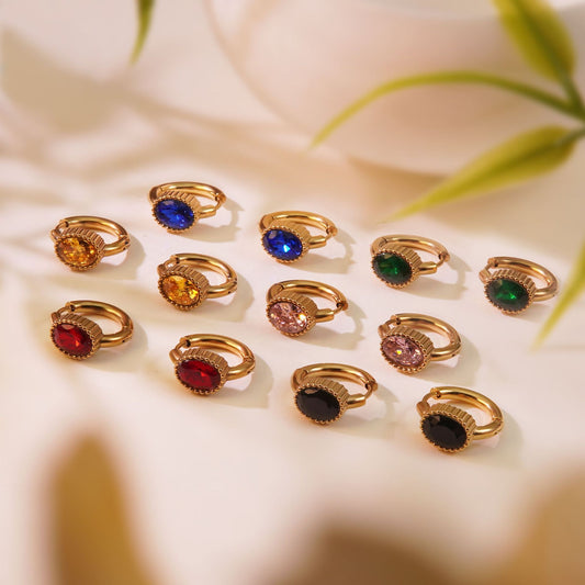 Vintage Minimalist Geometric Round Stainless Steel Earrings with Colorful Cubic Zirconia Inlay
