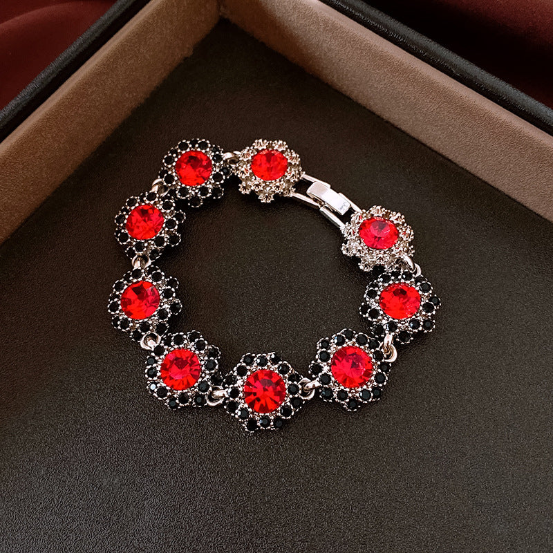Vintage Floral Flower Earrings Bracelet Necklace Set for Women Alloy Jewelry with Rhinestone Inlay Locket Chain Minimalist Elegant Luxury Style