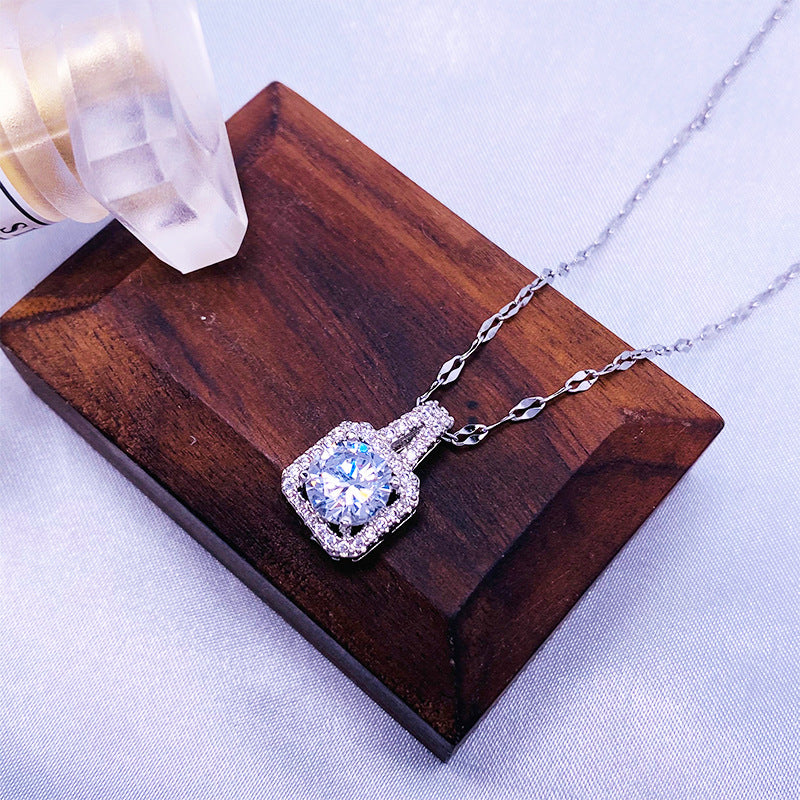 Geometric Original Design Titanium Steel Necklace with Faceted Square Pendant for Women, Hypoallergenic Locket Chain