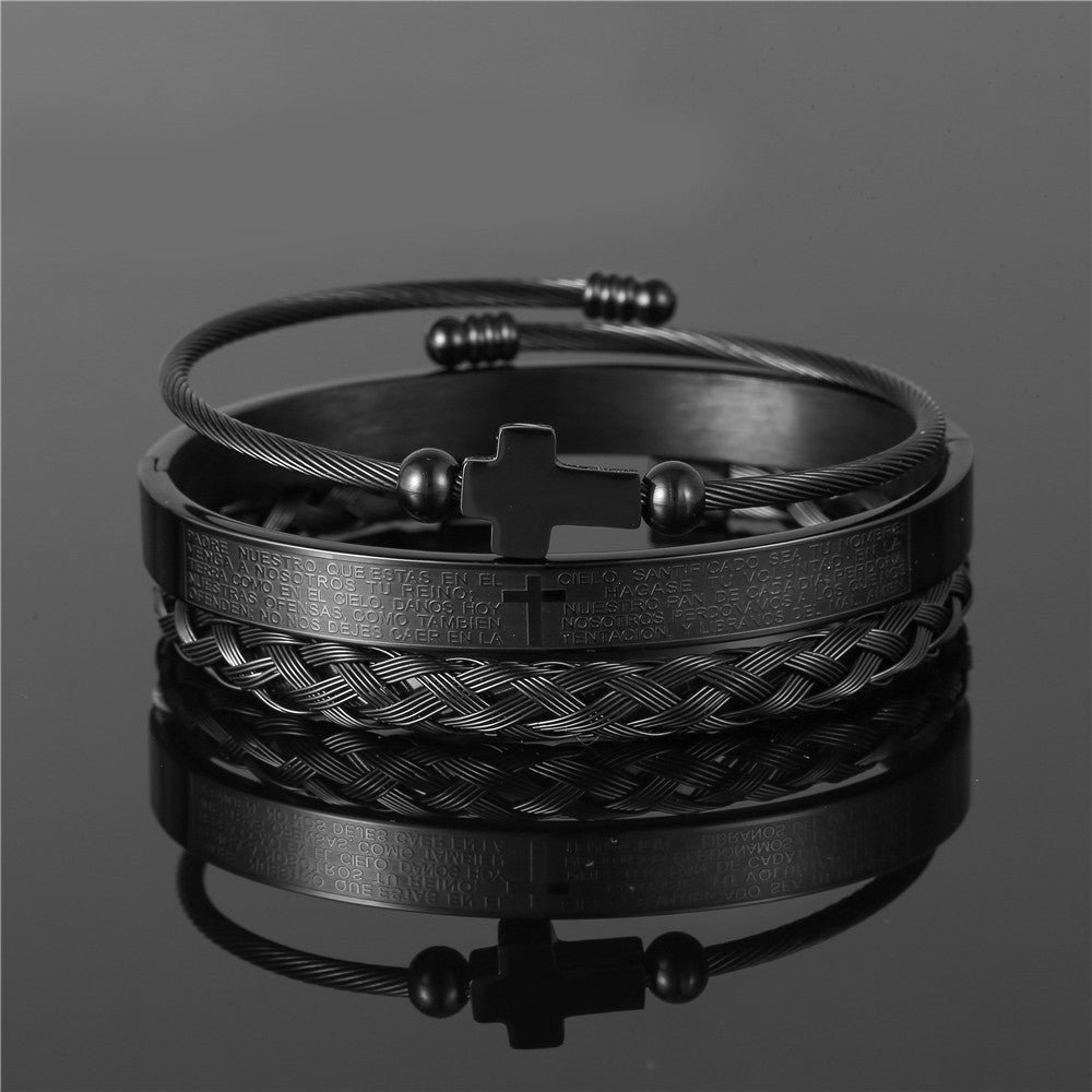 Vintage Crown Geometric Micro-inlay Stainless Steel Mesh Open Cuff Bracelet Set for Unisex