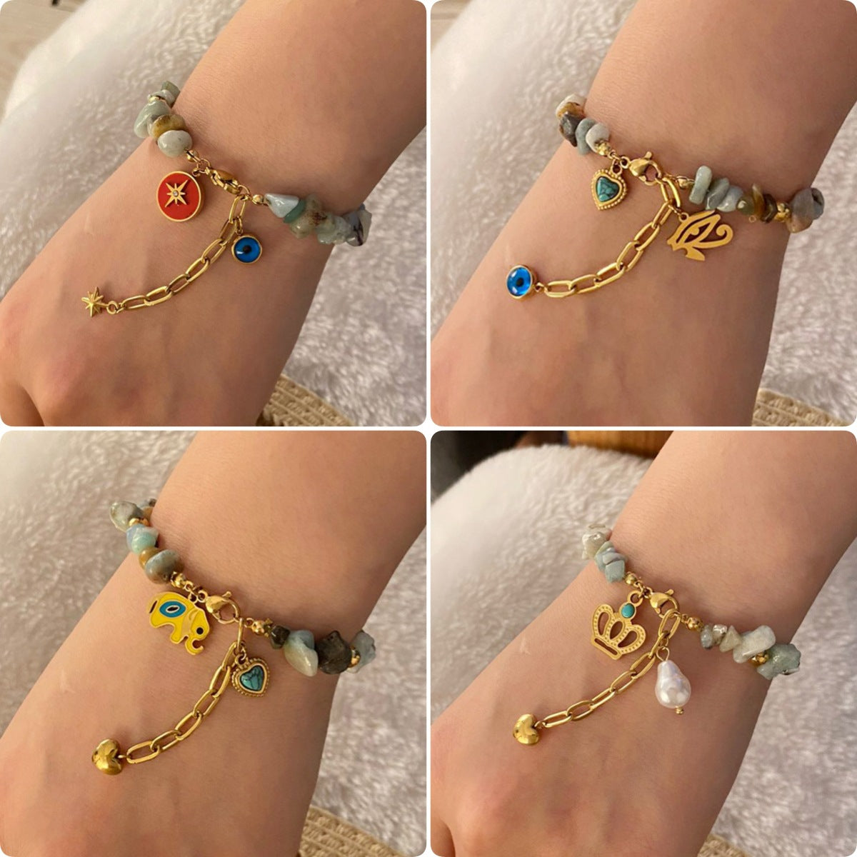 Bracciale da donna in acciaio inossidabile a forma di cuore con perline e motivo a occhio - Design originale