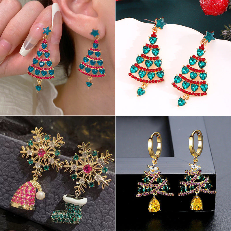 Elegant S925 Sterling Silver Christmas Tree Stud Earrings for Women with Rhinestone Inlay Snowflake Motif