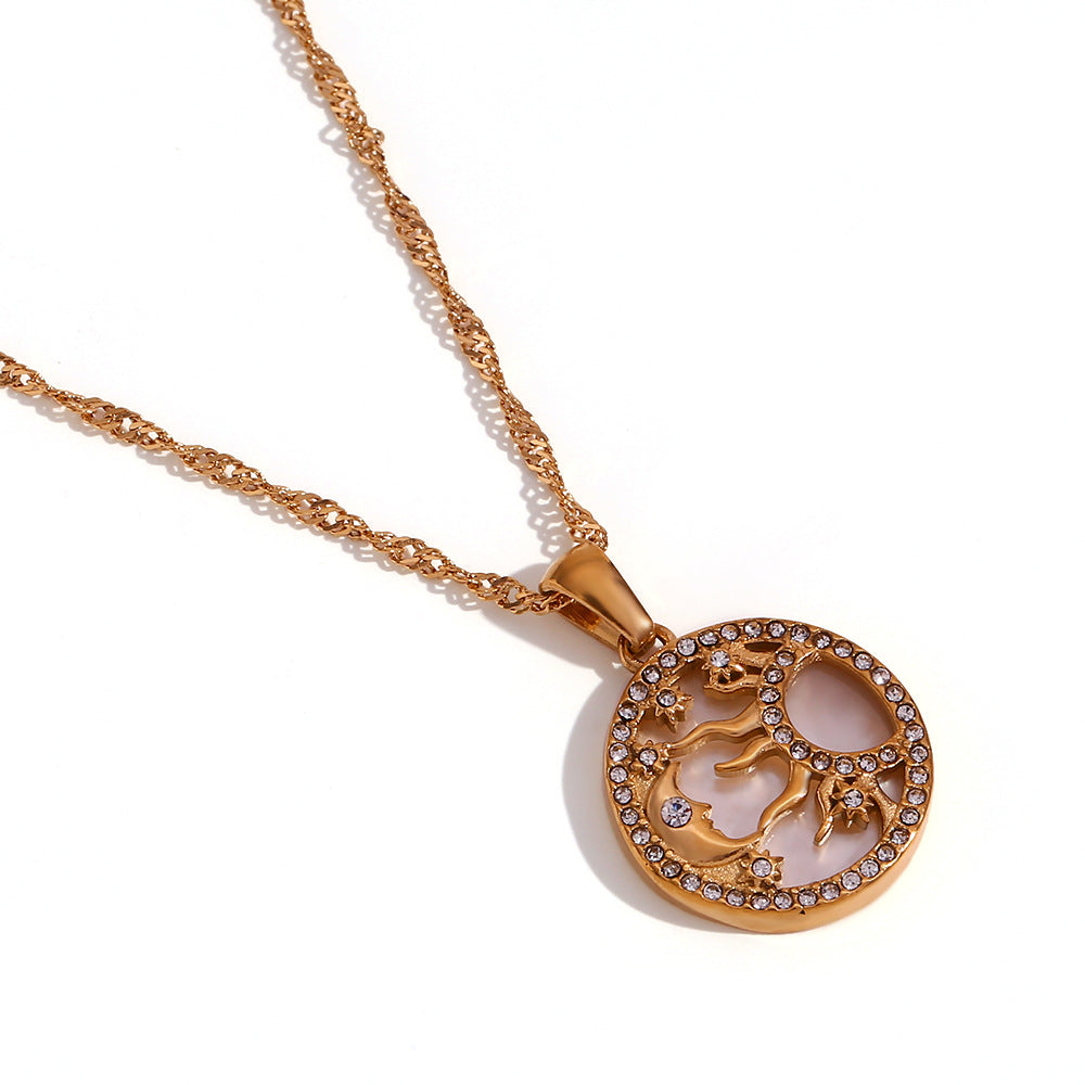 Minimalist Geometric Sun Moon Star Pendant Necklace in Stainless Steel with 18K Gold Plating for Women