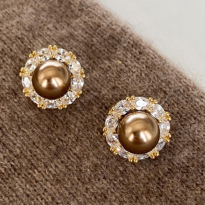 Eleganti Orecchini a Perno Retrò con Perle e Zirconi, a Forma Geometrica Rotonda, da Donna, Accessorio di Lusso Minimalista