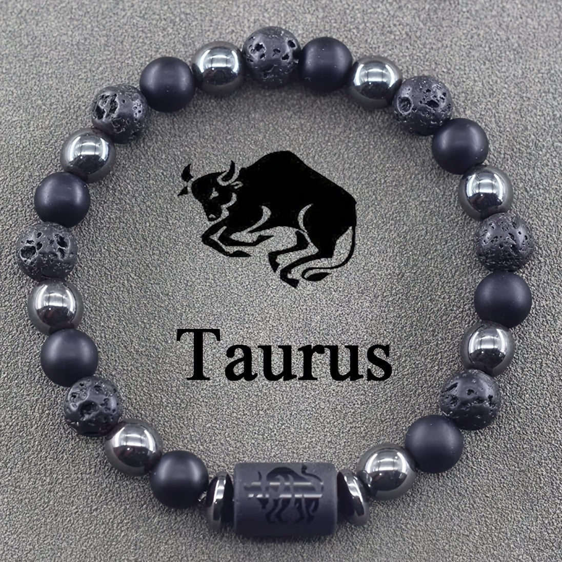 Matte Obsidian Hematite Volcanic Stone Zodiac Beaded Bracelet Unisex Elastic Stretch Bangle