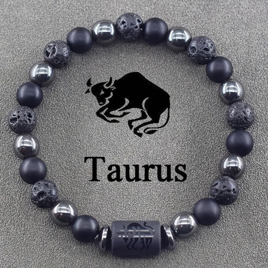 Matte Obsidian Hematite Volcanic Stone Zodiac Beaded Bracelet Unisex Elastic Stretch Bangle