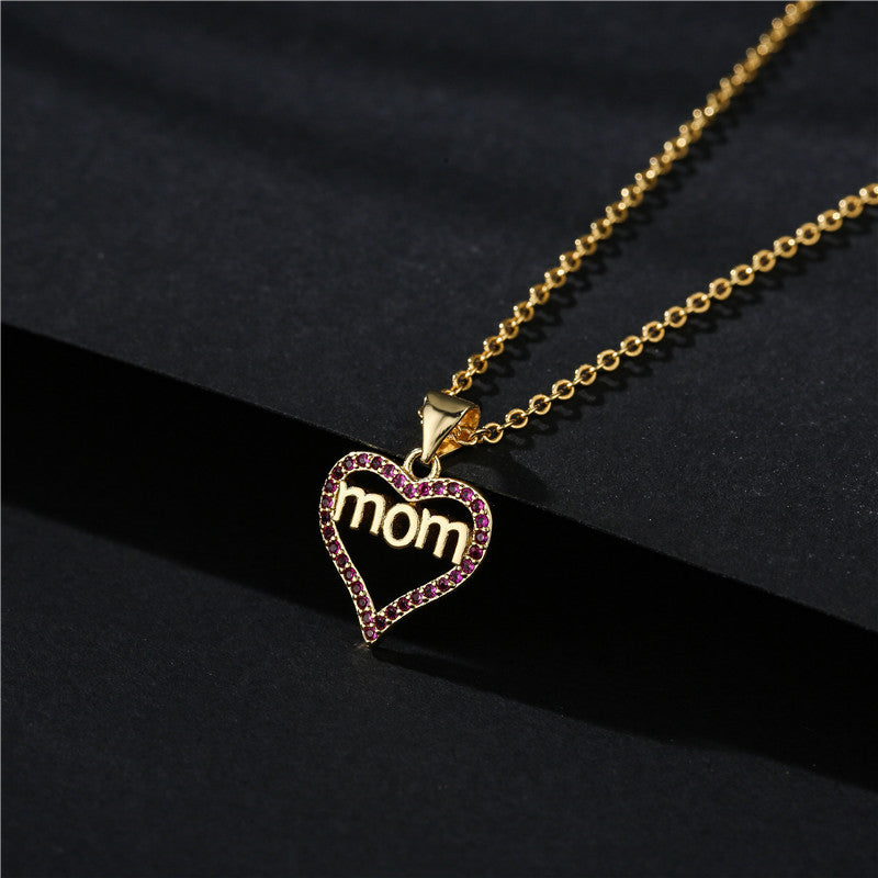Gold Plated Brass Heart Letter Mom Pendant Necklace with Micro Inlay