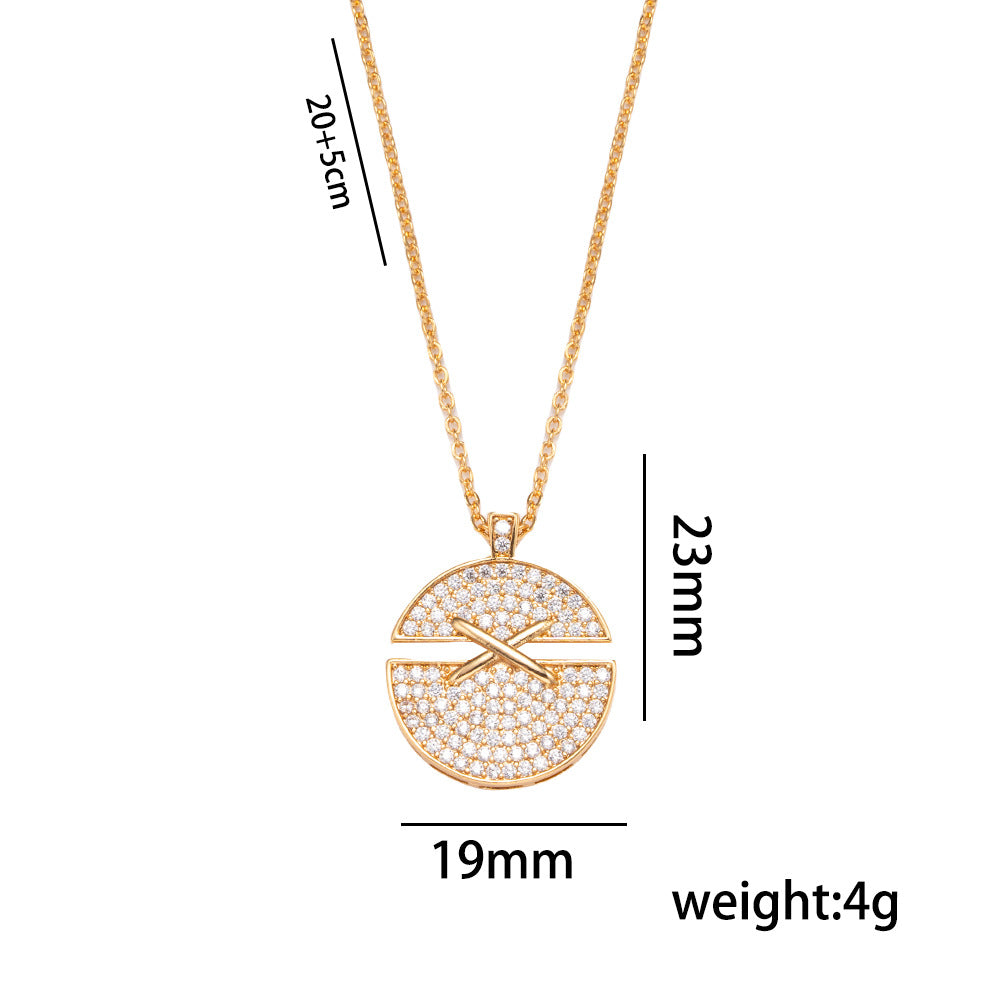 Minimalist Luxury Round Cross Pendant Necklace Set with Rhinestone Inlay in Gold-Plated Eco-Friendly Copper Snake Chain for Women and Men