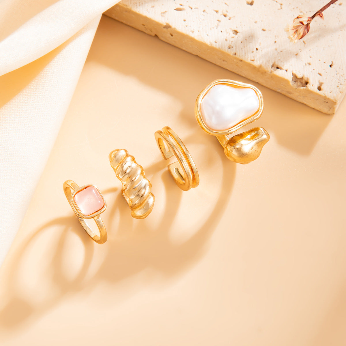 Vintage Minimalist Geometric Alloy Inlaid Gemstone Pearl Toe Ring Set
