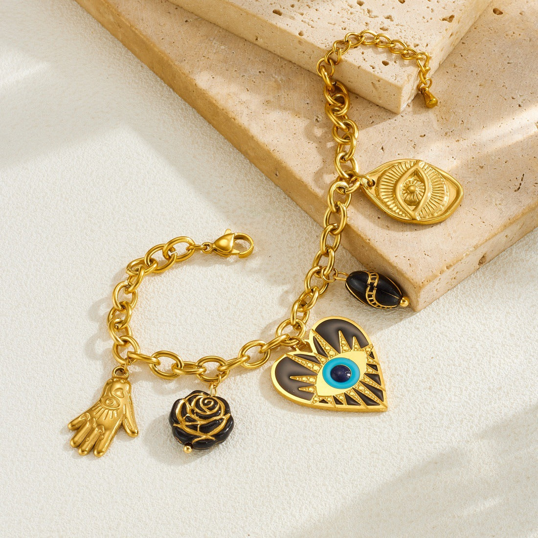 Vintage Gold Plated Stainless Steel Heart and Round Carved Evil Eye Pendant Bracelet with Floral Pattern for Women