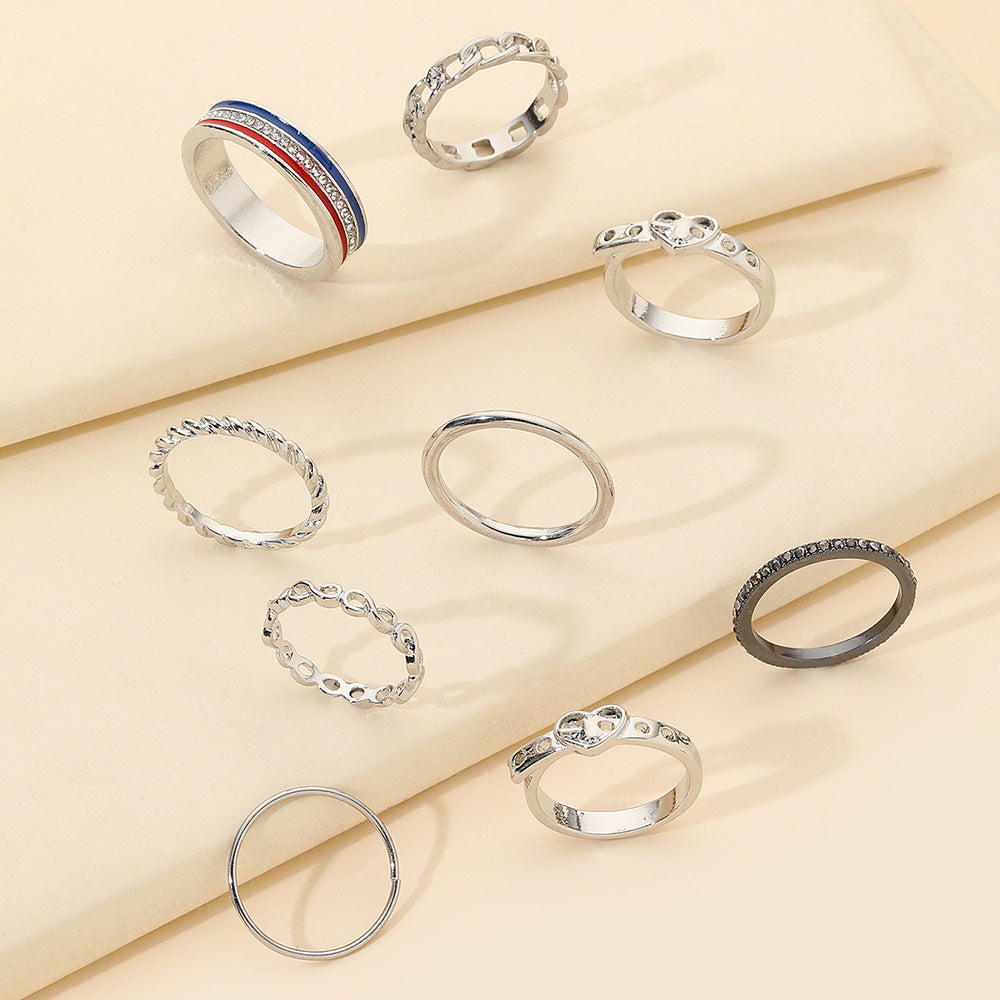 Minimalist Casual Geometric Heart Alloy Ring Set with Rhinestone and Drip Oil Detail