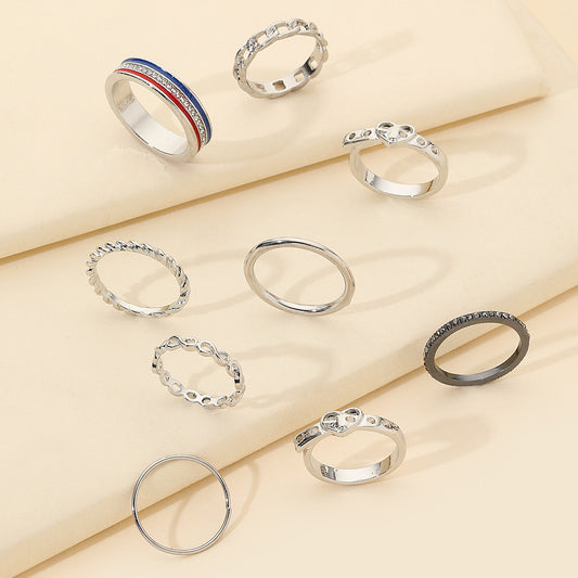Minimalist Casual Geometric Heart Alloy Ring Set with Rhinestone and Drip Oil Detail
