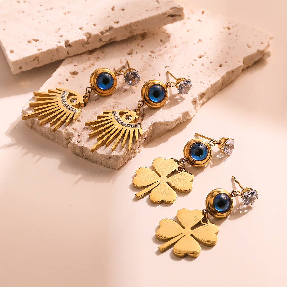Minimalist Geometric Demon Eye Flower Earrings for Women in Titanium Steel with Zircon Accents