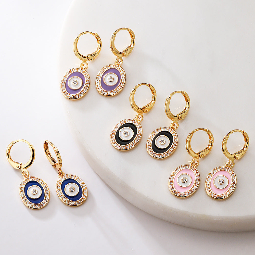 Fashionable Geometric Evil Eye Earrings for Women with Copper Base Plated in Real Gold and Zircon Inlay