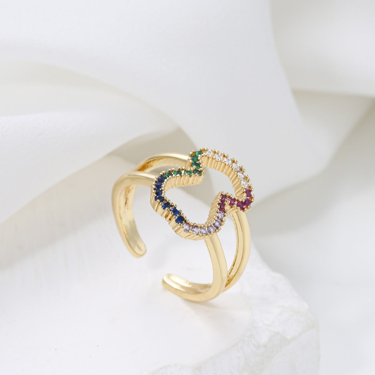 Anillo de cobre rústico-chic con forma de U geométrica calada para mujer con incrustaciones de circonita