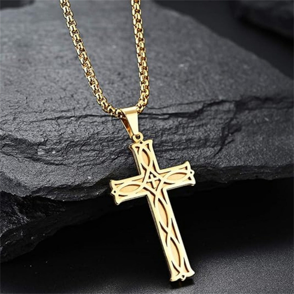 Minimalist Celtic Knot Cross Pendant Necklace for Men in Stainless Steel with Polished Titanium Steel Charm on Pearl Chain