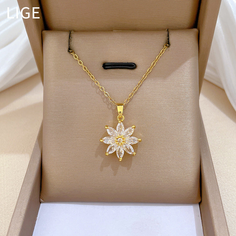 Sweet Minimalist Floral Rhinestone Pendant Titanium Steel Necklace for Unisex