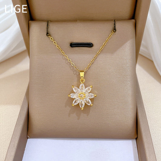 Sweet Minimalist Floral Rhinestone Pendant Titanium Steel Necklace for Unisex