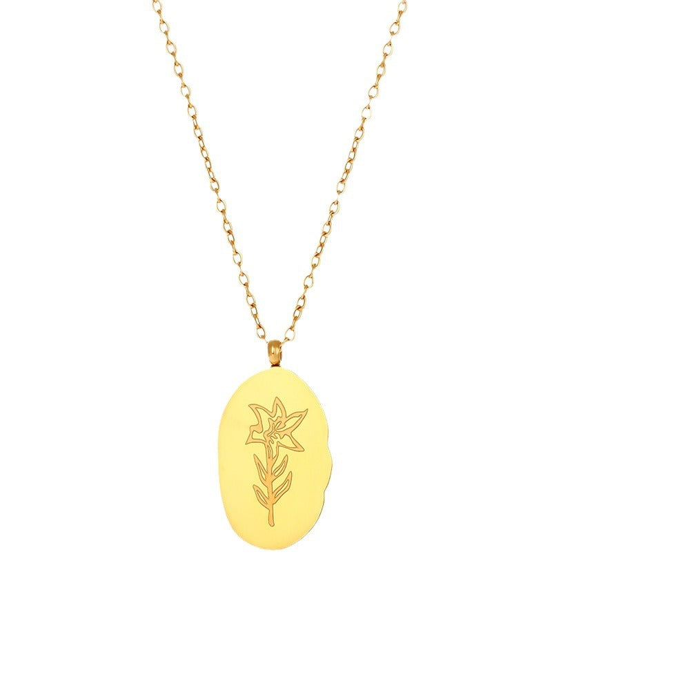Abstract Irregular Oval Floral Pendant Necklace for Women in Stainless Steel with Electroplated Finish