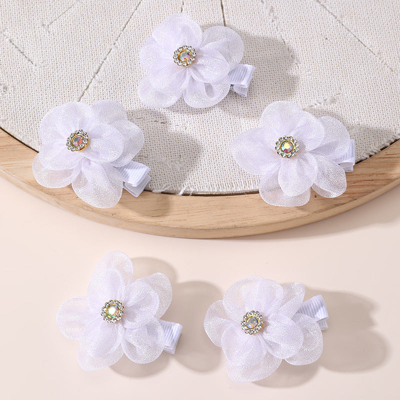 Pasador de pelo de poliéster con forma de lazo de estilo natural para niñas con detalles de volantes y malla, juego de pasadores de pico de pato