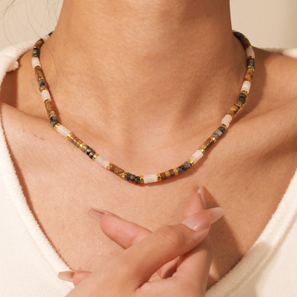Bohemian Minimalist Round Geometric Wood Bead Necklace with Cubic Zirconia Pendant Ball Chain Unisex Jewelry
